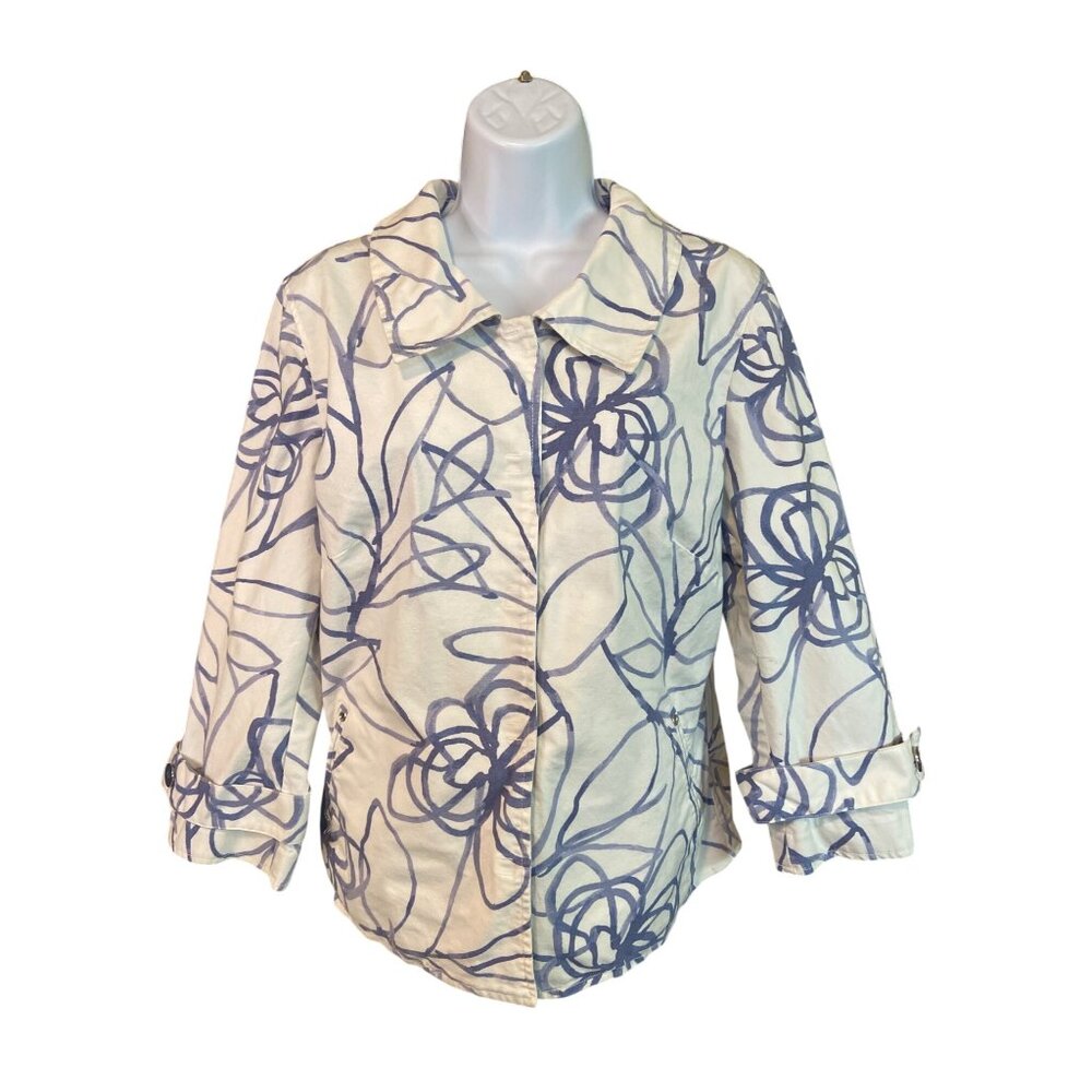Sigrid Olsen Abstract Floral Jacket Blue White Sz 12 Y2K Preppy Chic Retro